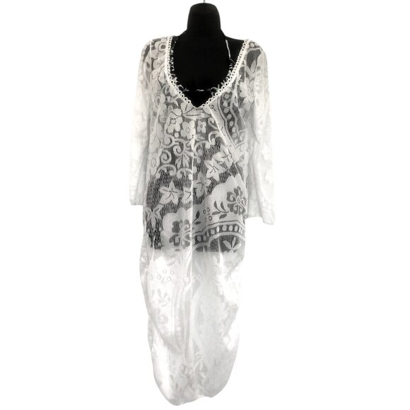 NEW Swimsuit Womens Pullover Coverup 3/4 Sleeves Large White V-Neck Knit Fabric - Picture 2 of 14